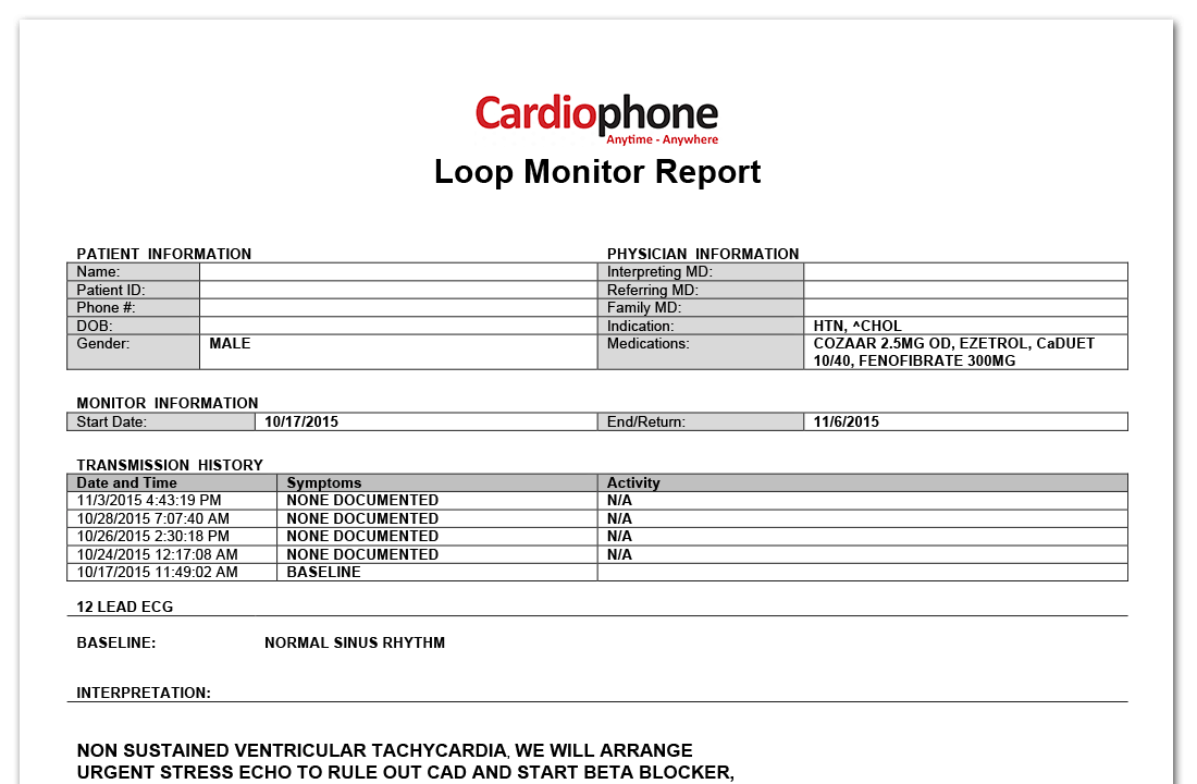Cardiophone Loop Monitor Sample Report